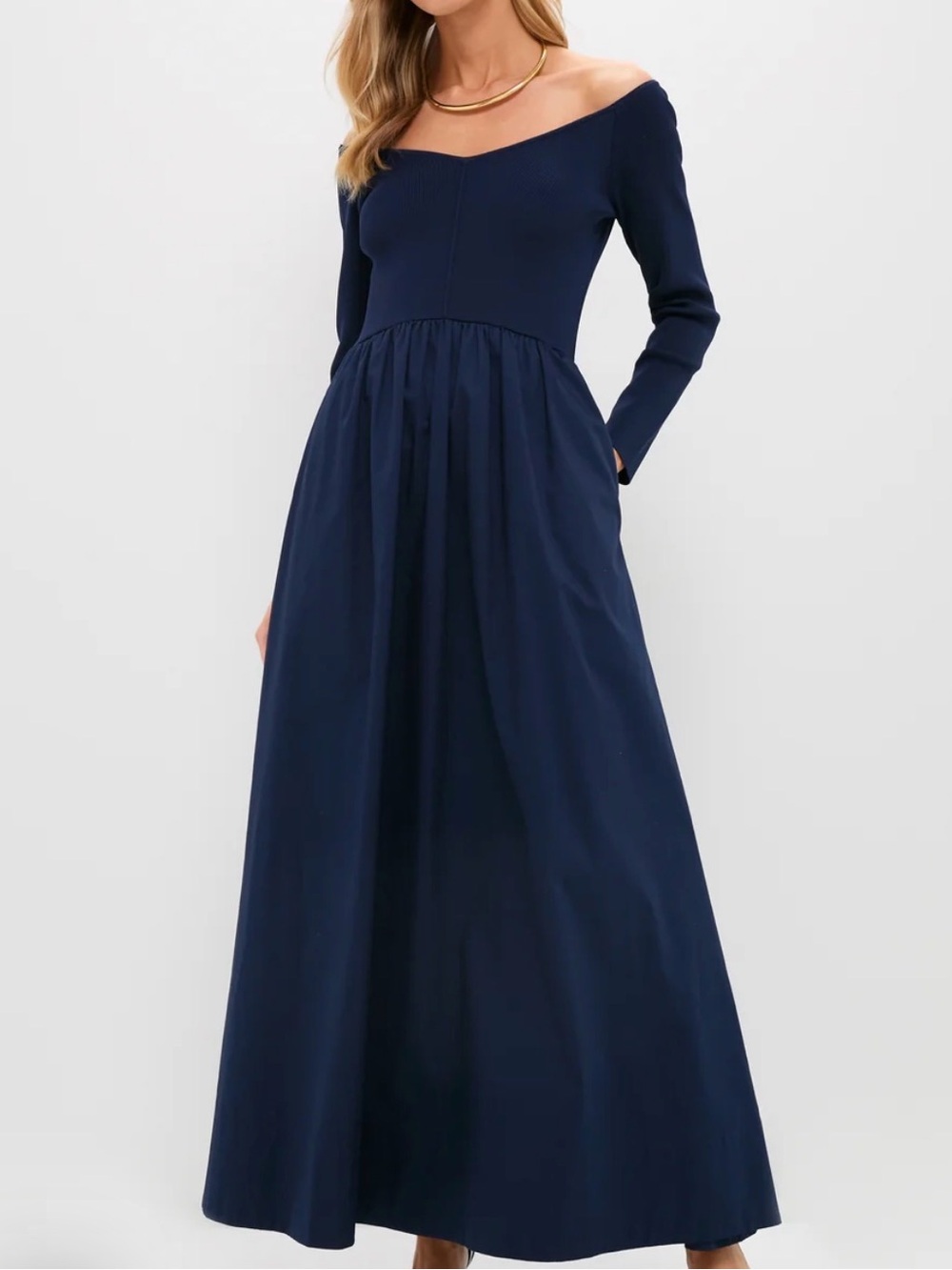 Tuckernuck- Navy Clea Dress - Off-Shoulder Long Sleeve Maxi Dress
